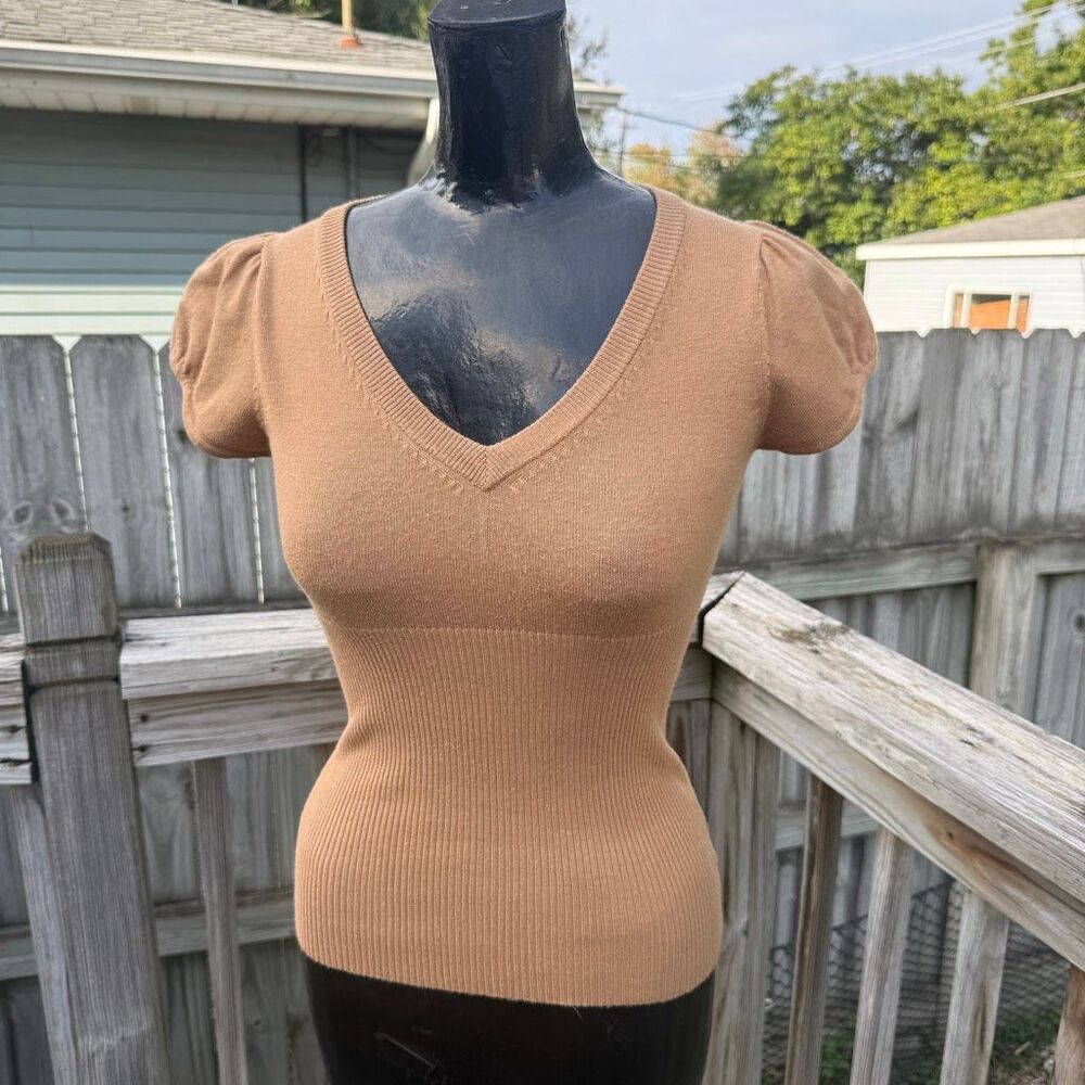 Y2K Derek Heart Brown Puff Sleeve V-Neck Fitted Sweater Top Size Medium